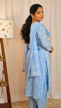 Premium 3 Pcs Mul Cotton Aline kurti with bottom and Dupatta - Blue