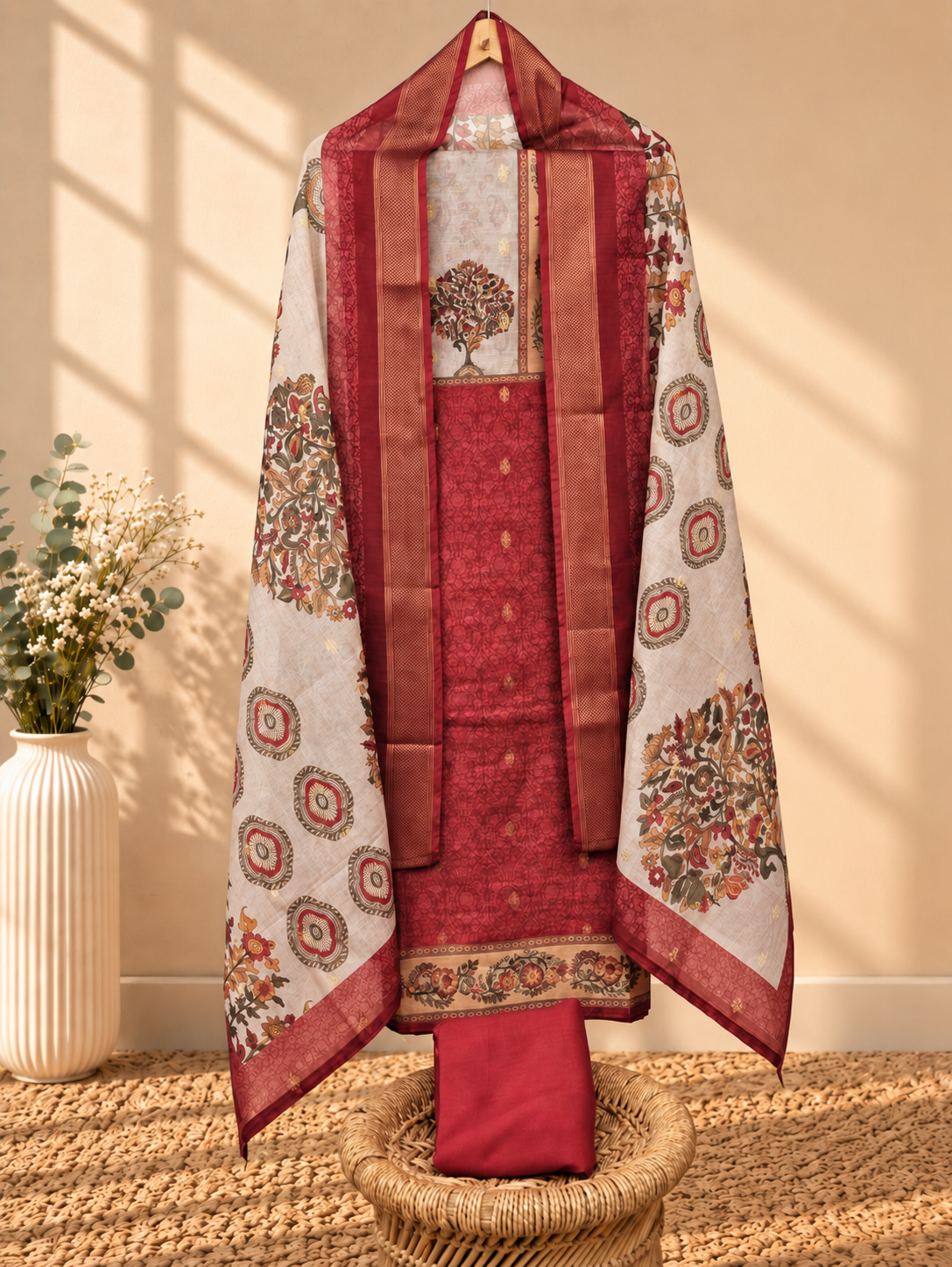 Semi Tussar Unstitched Salwar Set – Maroon
