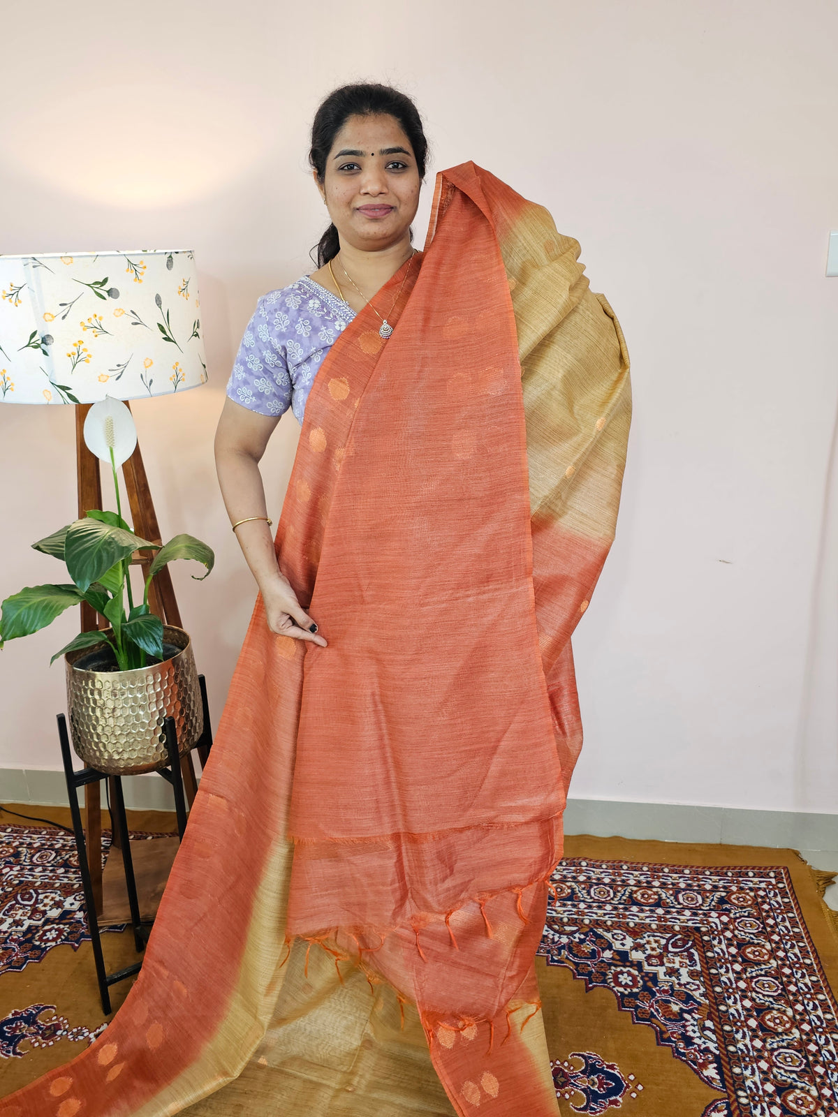 Bhagalpuri Viscous with Zari Weaving Saree - Beige with Rust Orange