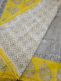 Yellow with Black - Chanderi Hand Block Printed Saree