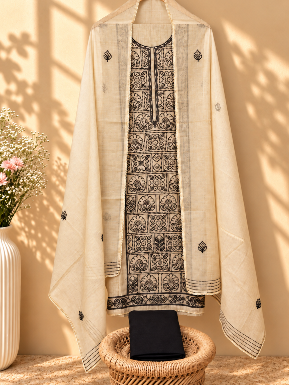 Soft Linen Tissue Unstitched Salwar - Cream with Black