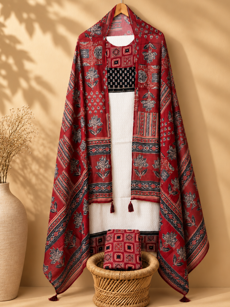 Pure Soft Cotton Unstitched Salwar – Cream with Maroon