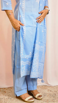 Premium 3 Pcs Mul Cotton Aline kurti with bottom and Dupatta - Blue