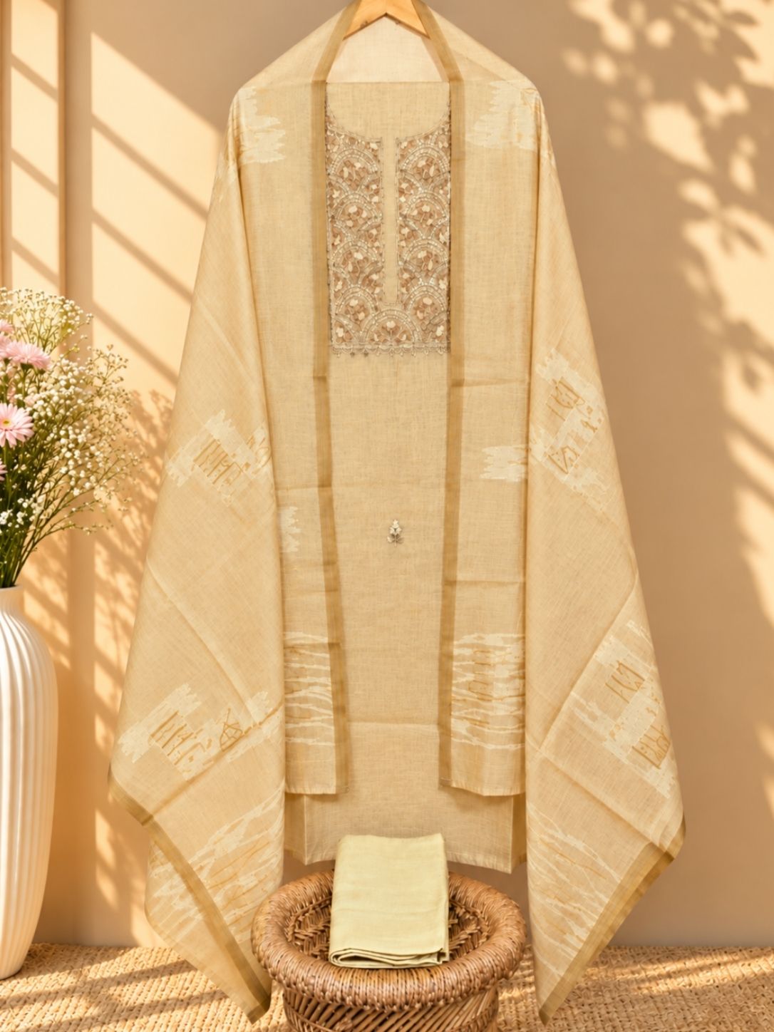 Linen Tissue with Heavy Embroidery Unstitched Salwar - Pastel Yellow