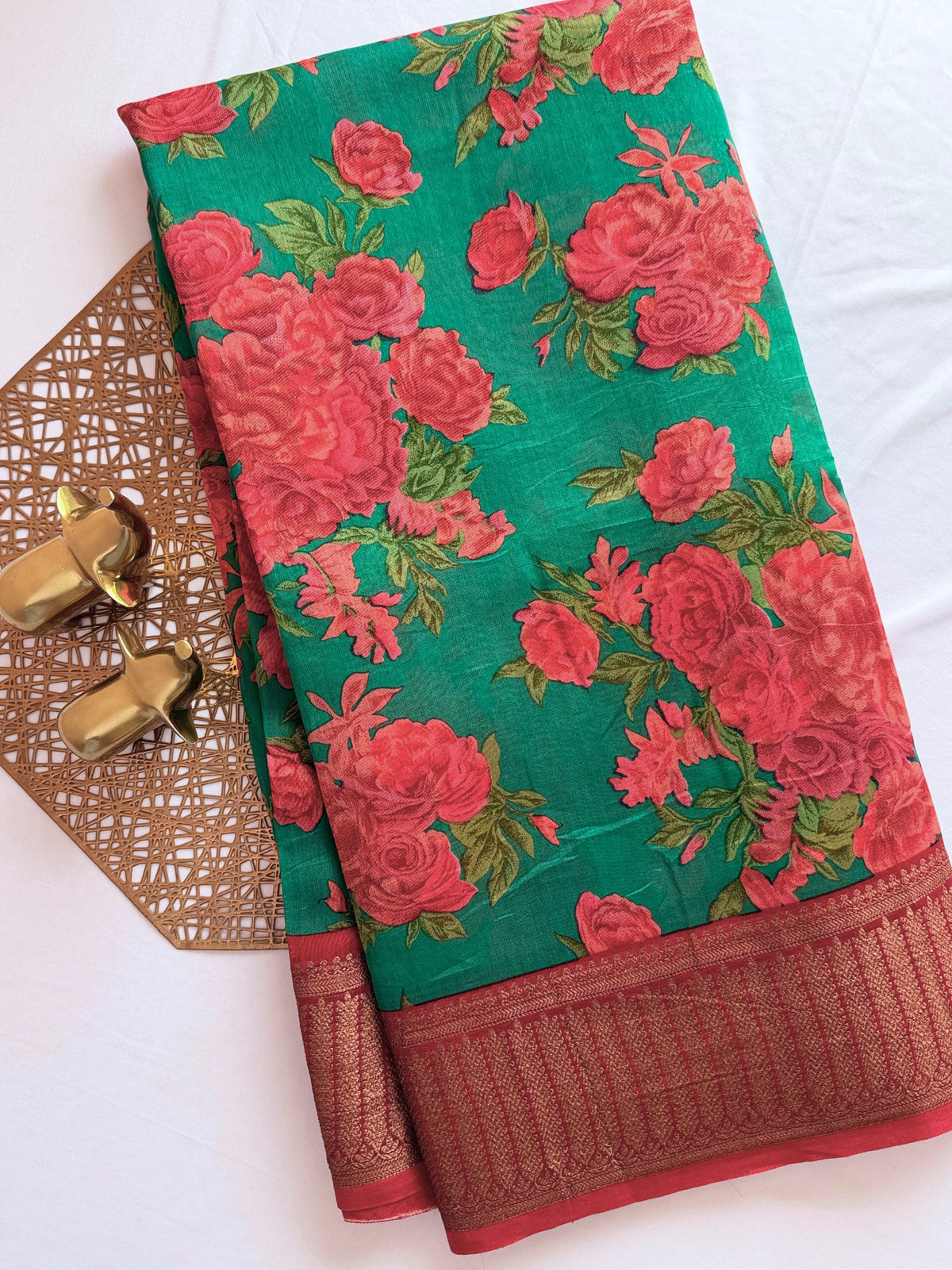 Pure Chanderi Butter Silk - Green with Red