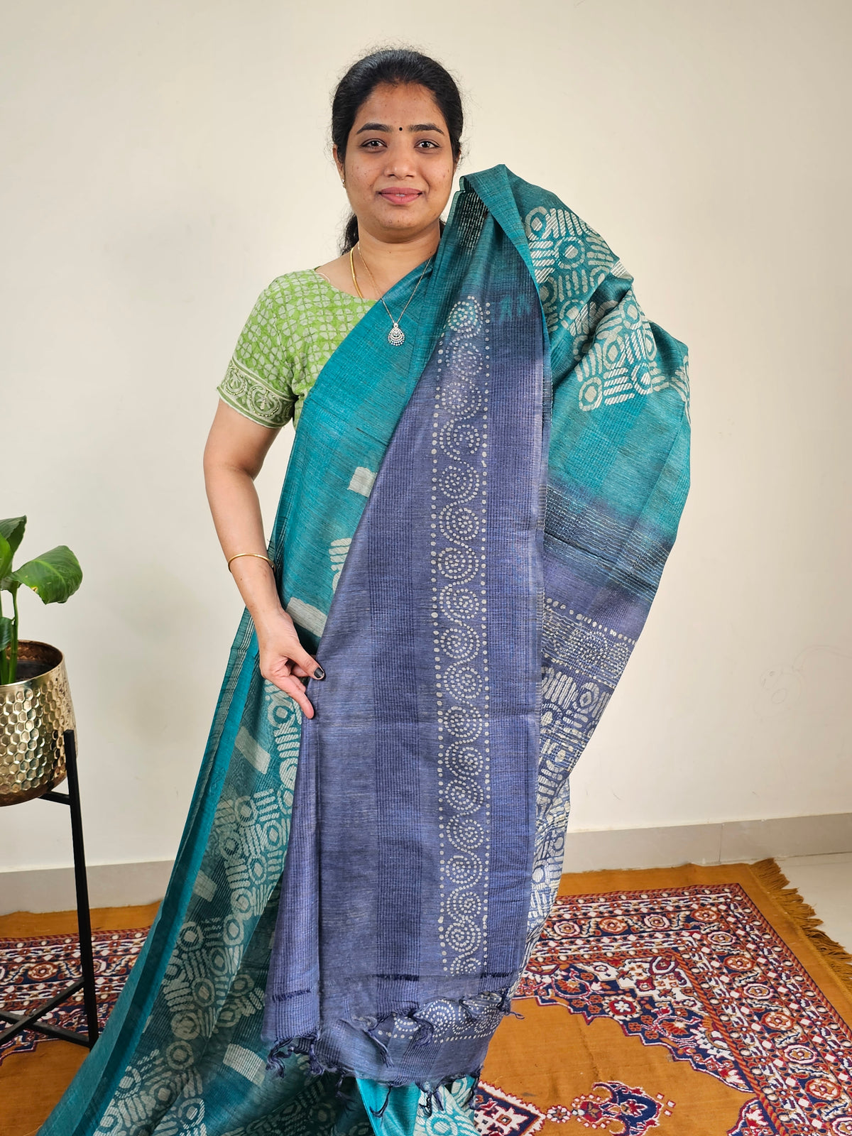 Bhagalpuri with Batik Print - Sea Green with Blue