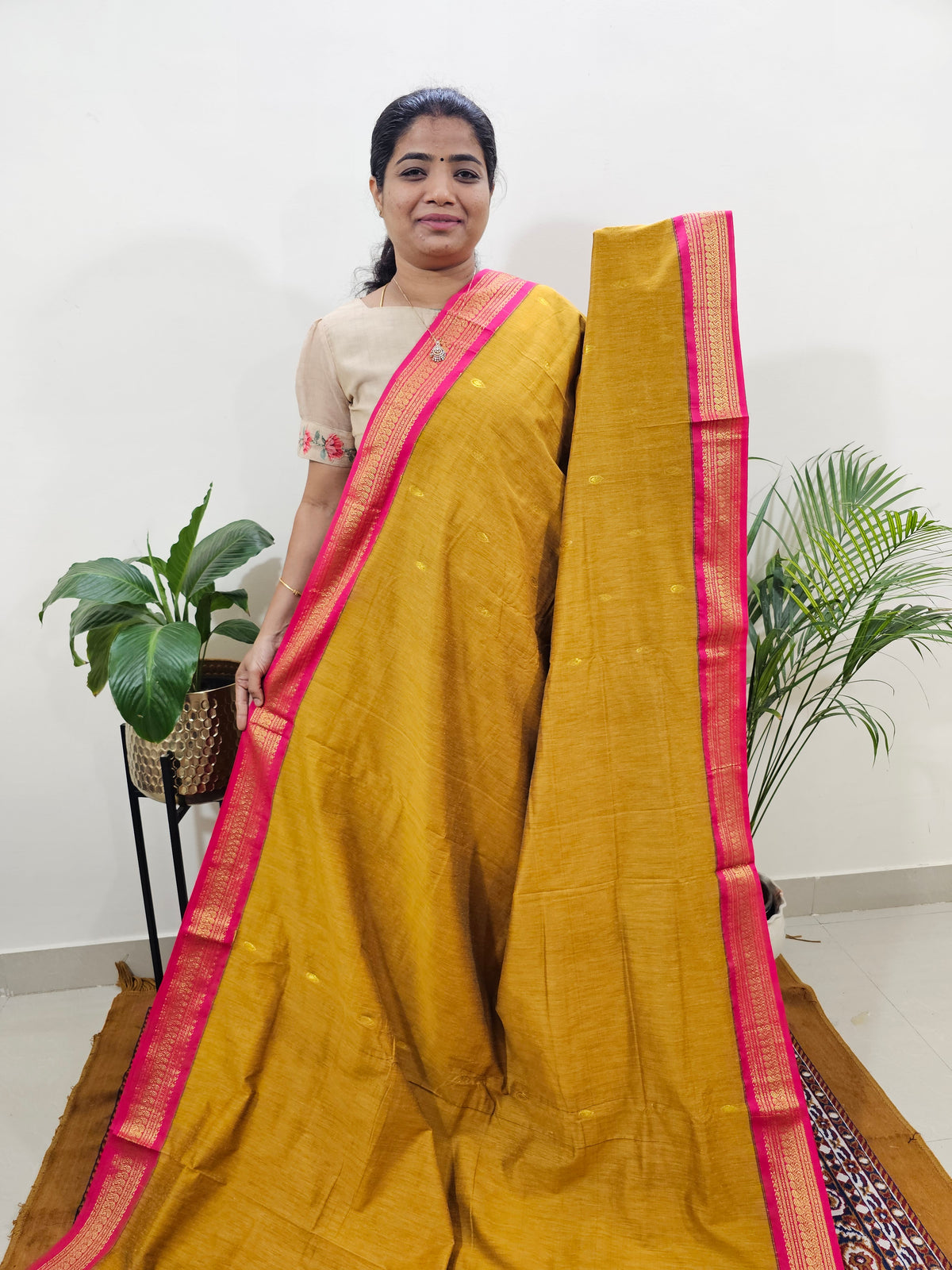 Kalayani Soft Cotton Saree with Borders - Mustard Yellow with Magenta Pink