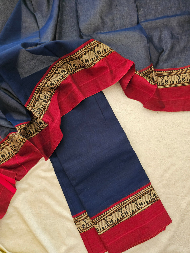 Handloom Narayanpet Cotton Unstitched Salwar- Dark Blue with Maroon