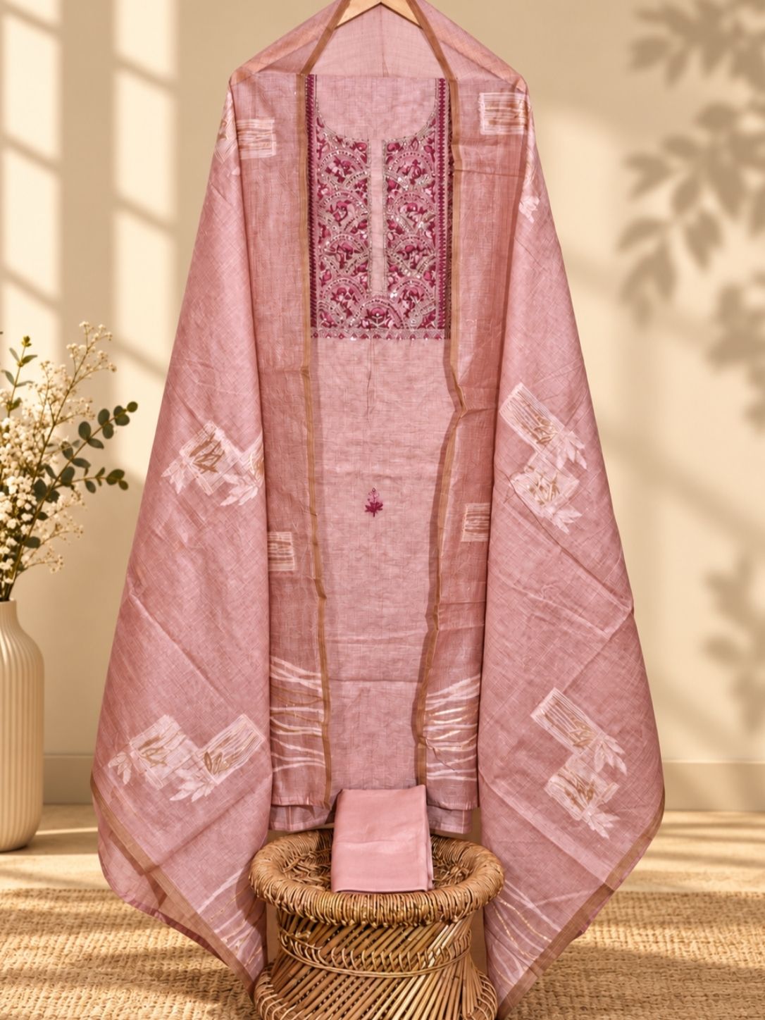 Linen Tissue with Heavy Embroidery Unstitched Salwar - Pink