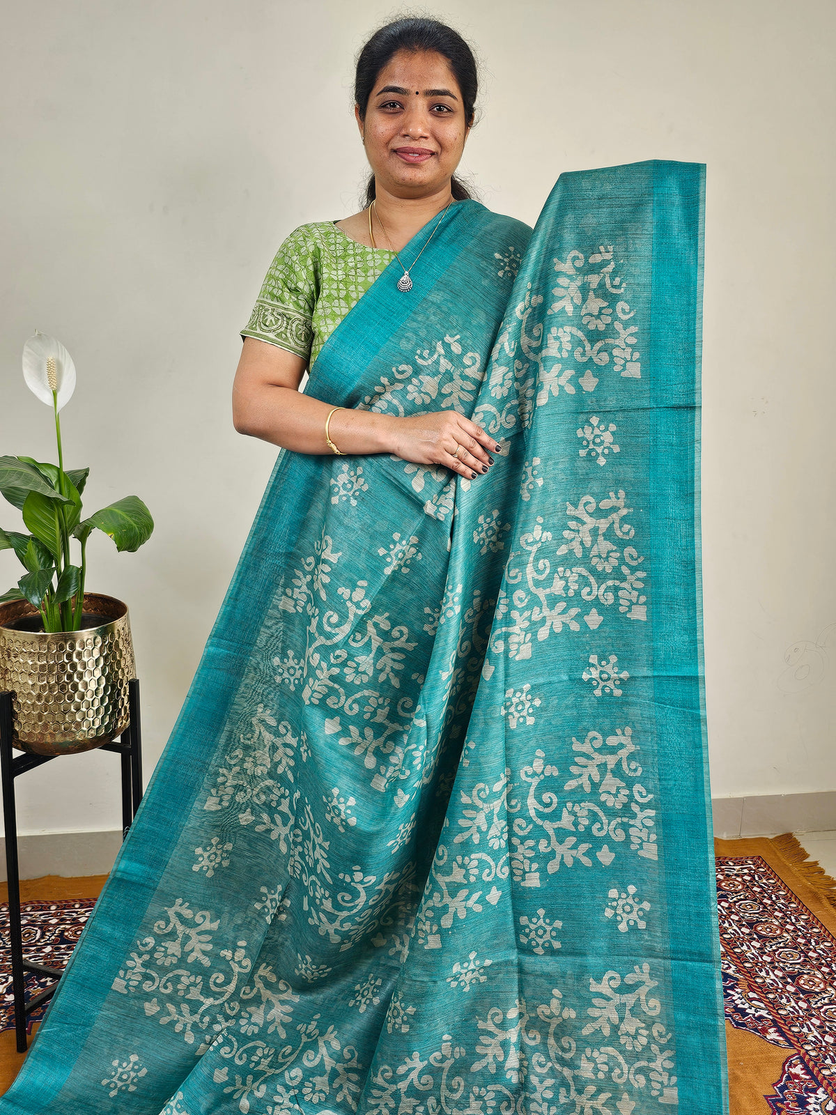 Bhagalpuri with Batik Print - Sea Green with Blue