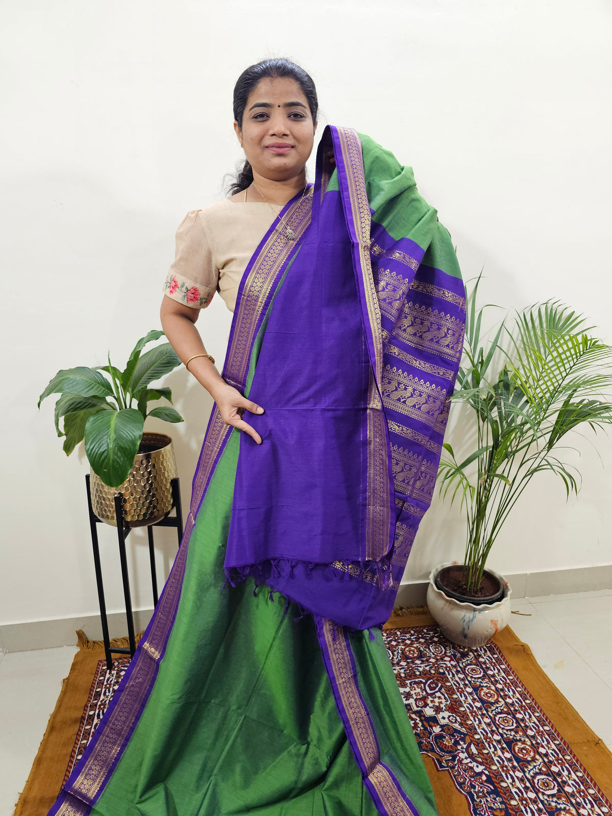Kalayani Soft Cotton Saree with Borders - Green with Purple