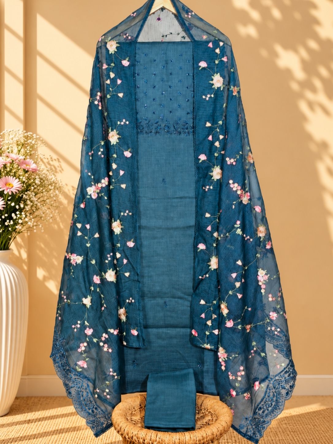Mul Chanderi Cross Stitches  with Floral Pattern Unstitched Salwar -  Blue