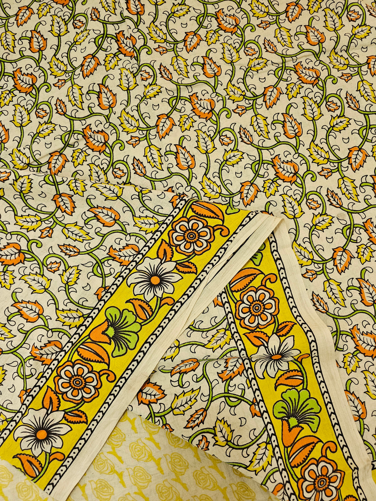 Cotton Kalamkari  Printed Saree - Cream with Yellow