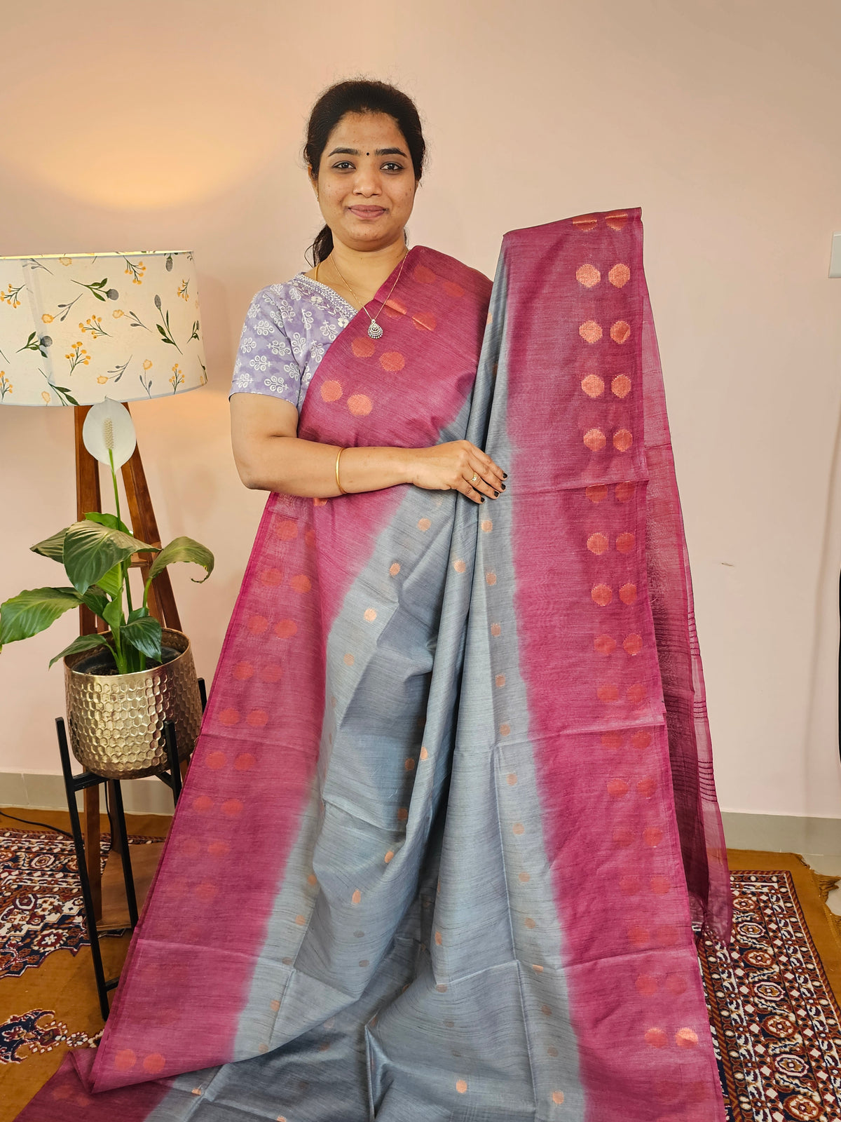 Bhagalpuri Viscous with Zari Weaving Saree - Grey with Magenta Pink