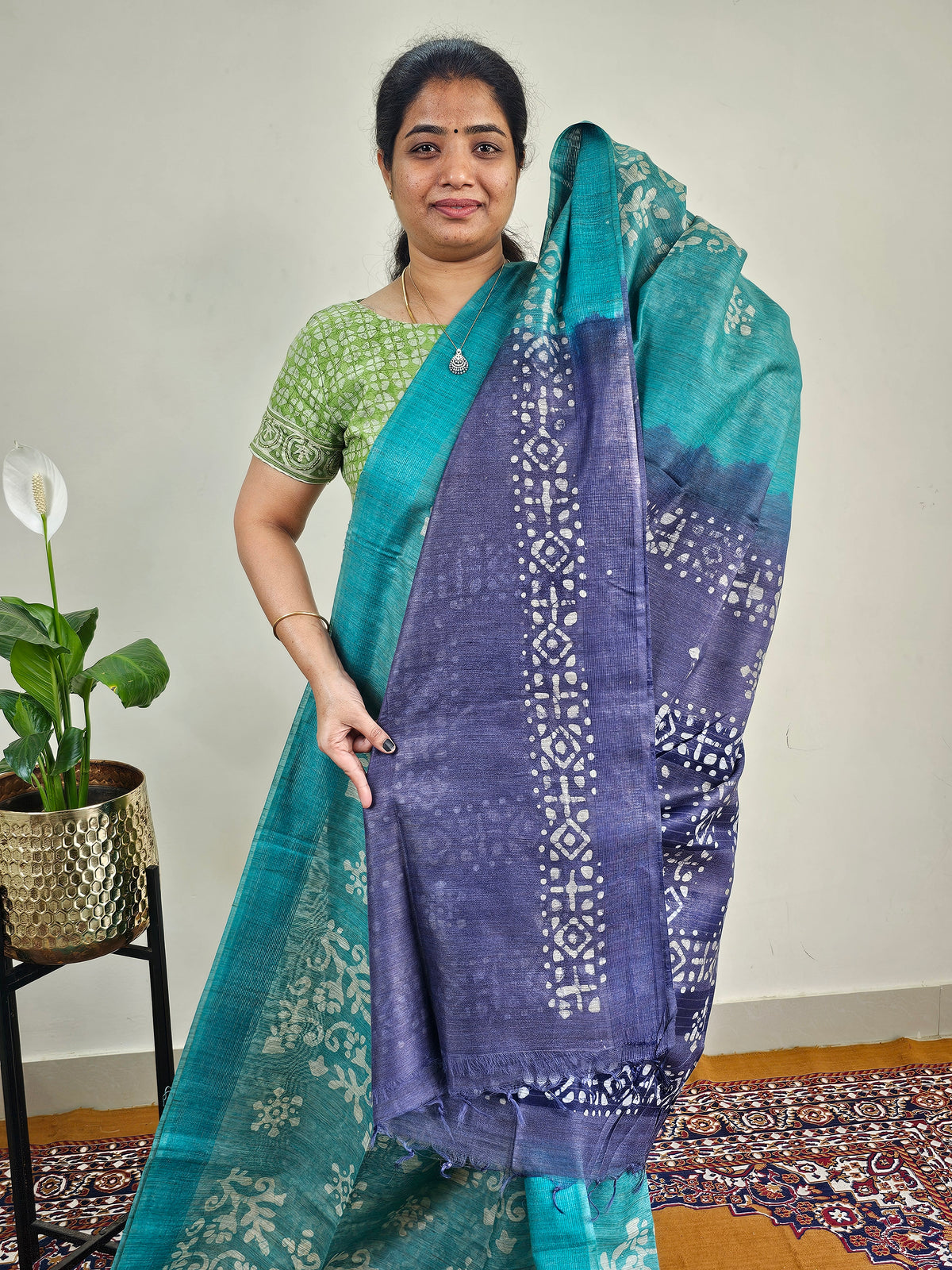 Bhagalpuri with Batik Print - Sea Green with Blue