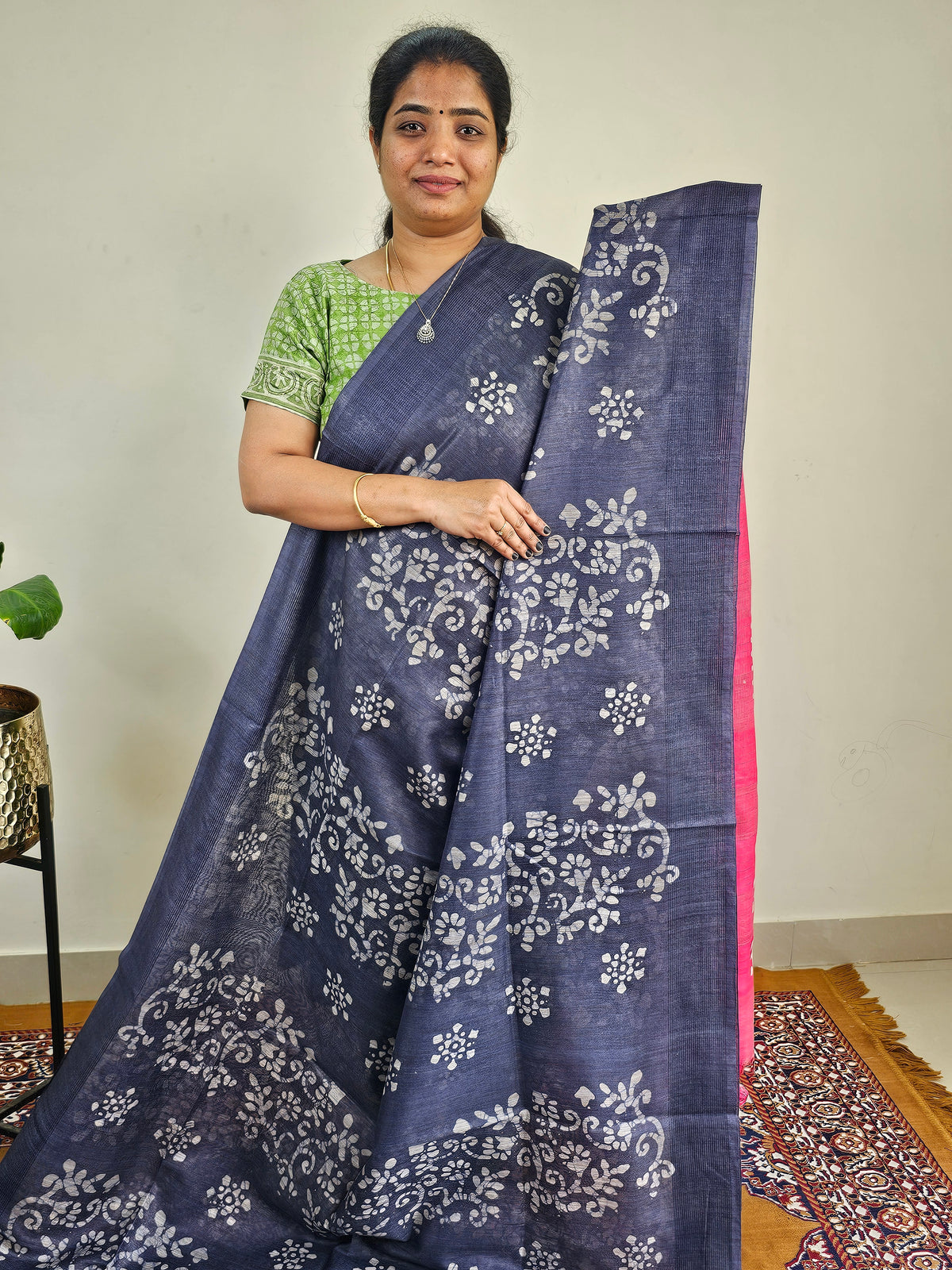 Bhagalpuri with Batik Print -  Blue with Pink