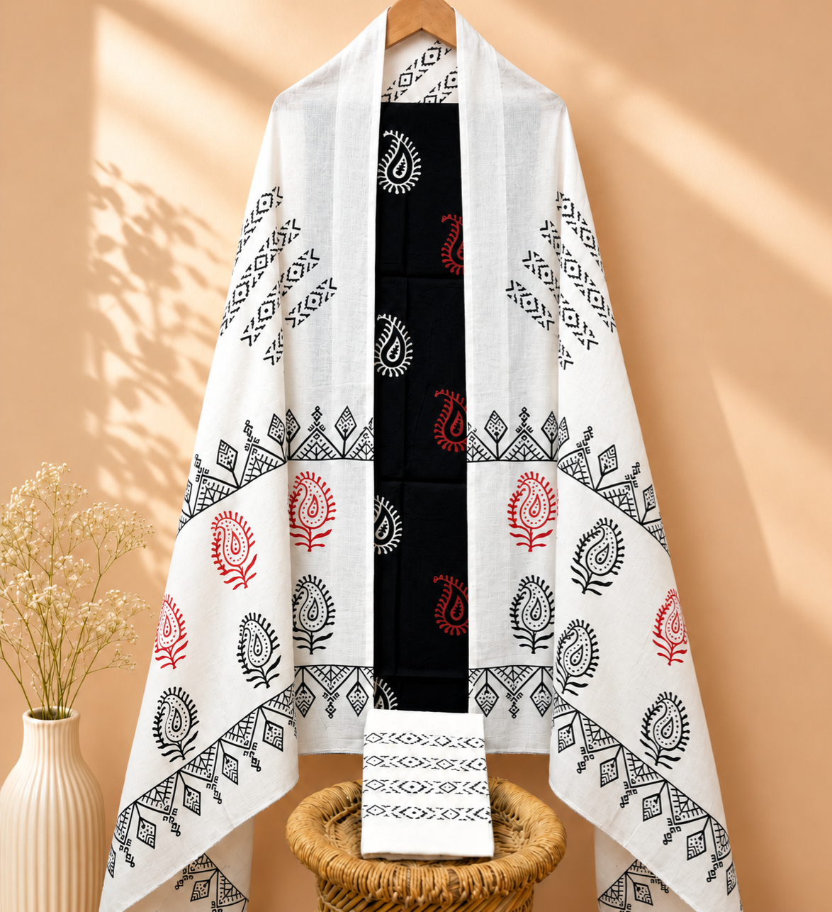 Pure Cotton Unstitched Salwar - Black with White
