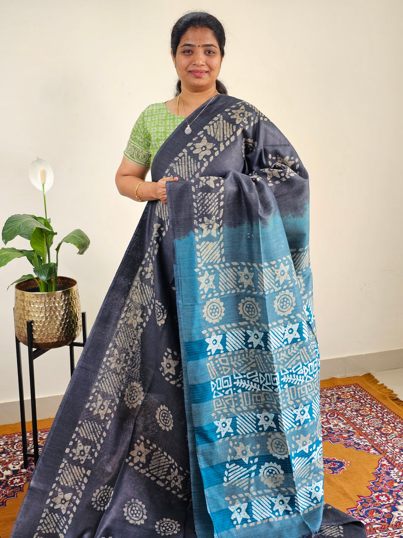 Bhagalpuri with Batik Print - Grey with Sea green