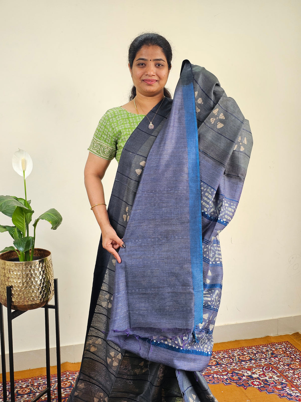 Bhagalpuri with Batik Print - Grey with Sea green
