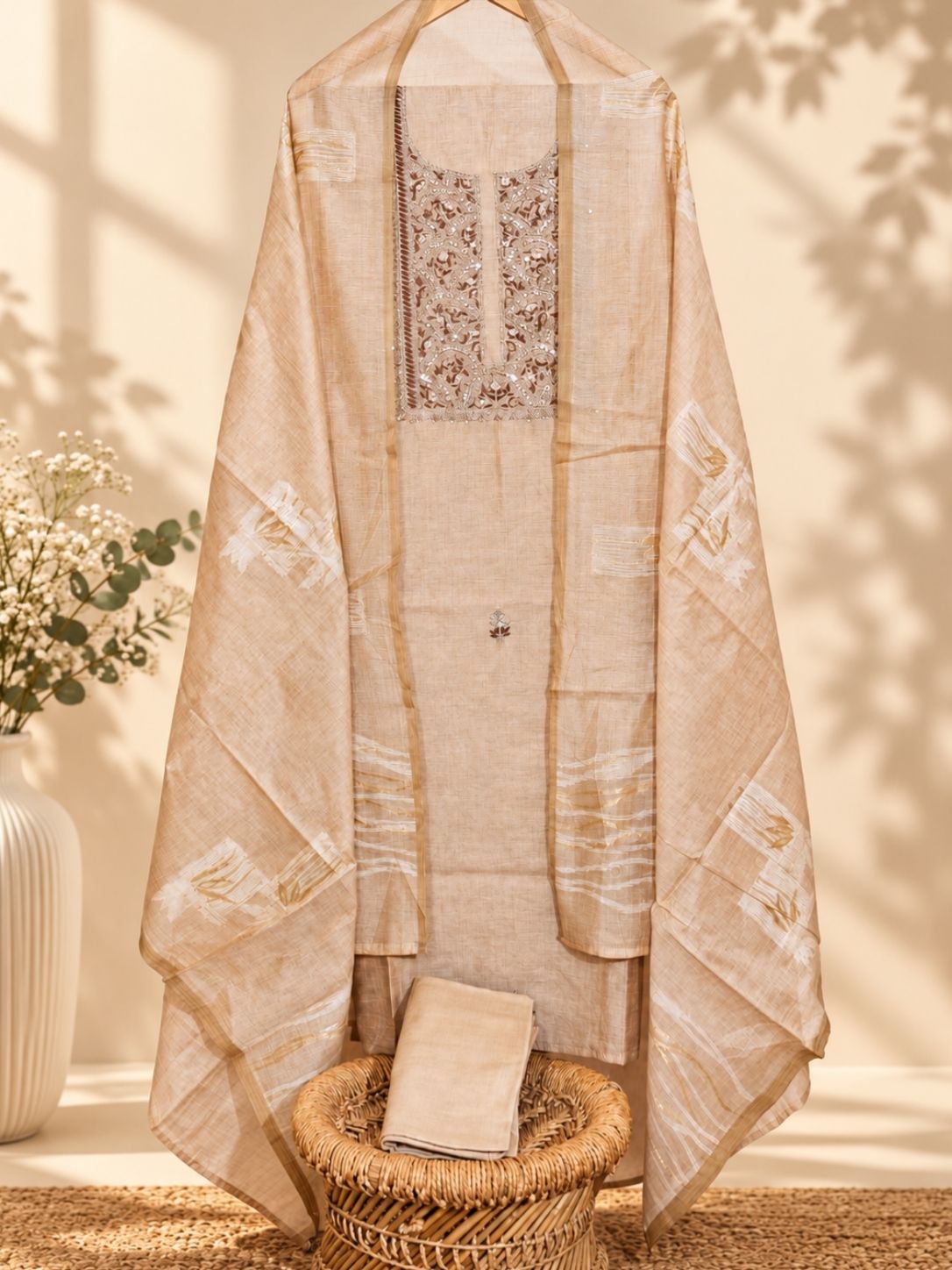 Linen Tissue with Heavy Embroidery Unstitched Salwar - Pastel Beige