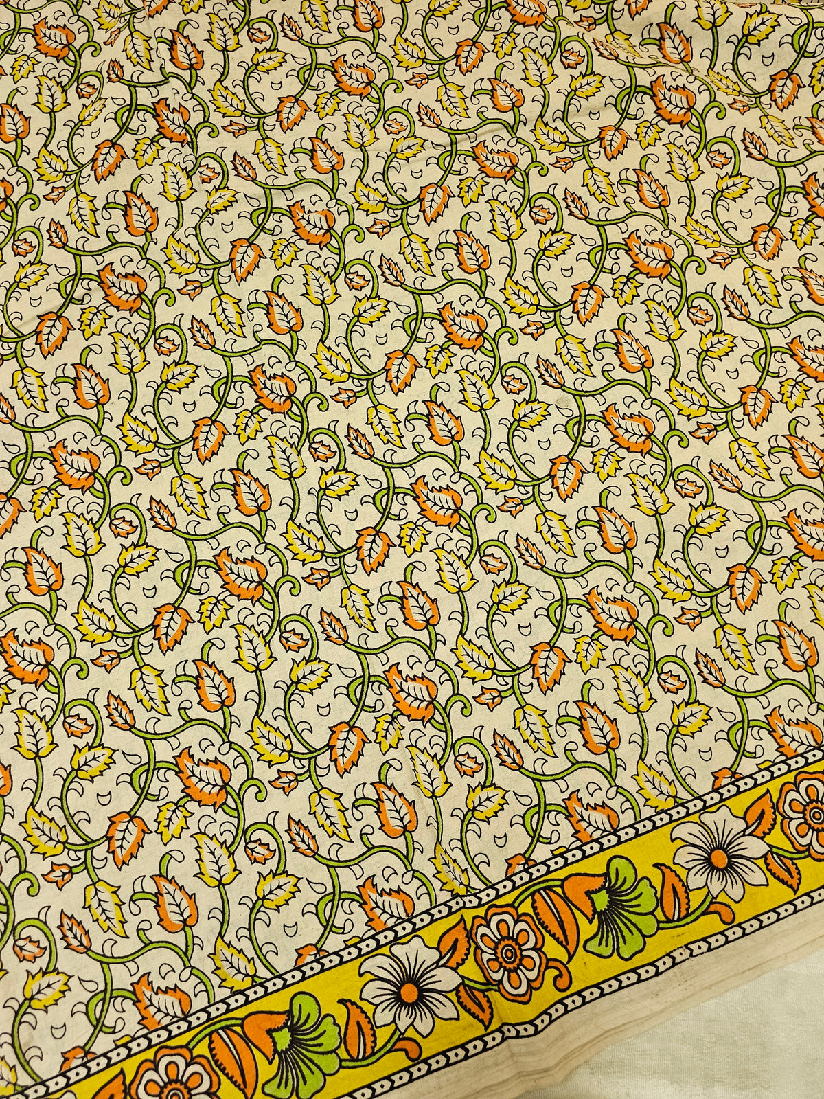 Cotton Kalamkari  Printed Saree - Cream with Yellow