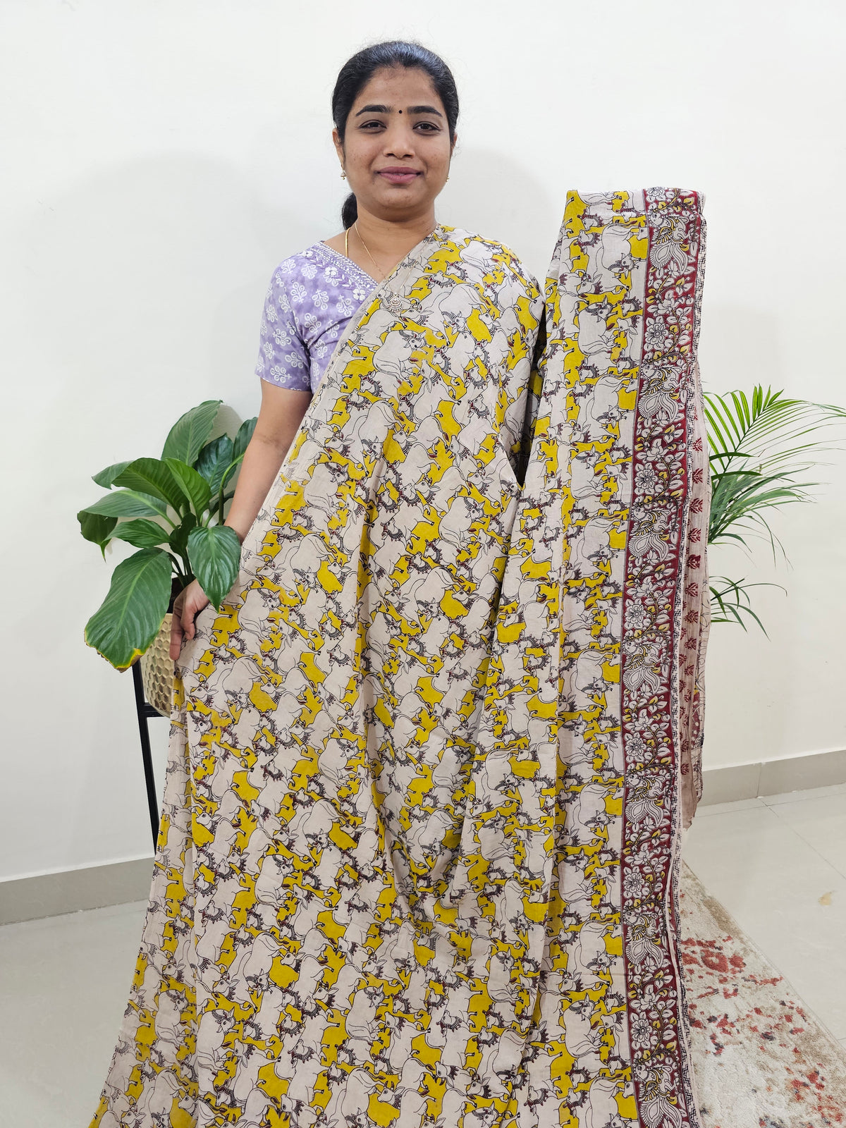 Cotton Kalamkari Saree - Yellow with Marron