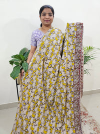 Cotton Kalamkari Saree - Yellow with Marron