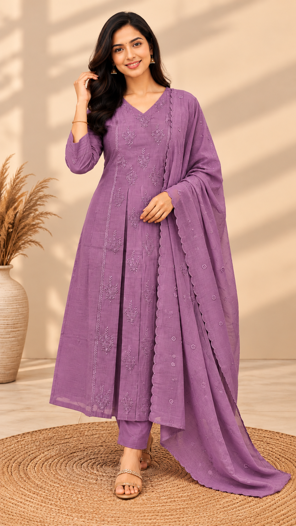 Premium Mul Chanderi 3 pcs Salwar Suit - Dark Lavender
