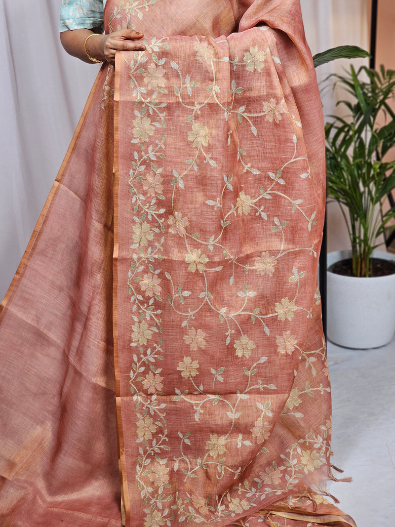 Linen Tissue with Aari Work - Rust Orange