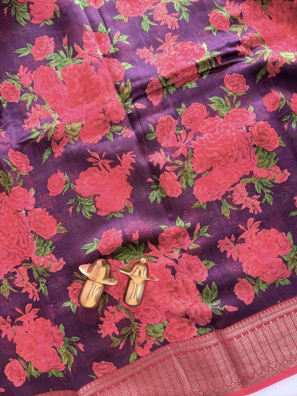 Pure Chanderi Butter Silk - Purple  with Red