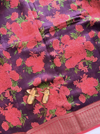 Pure Chanderi Butter Silk - Purple  with Red