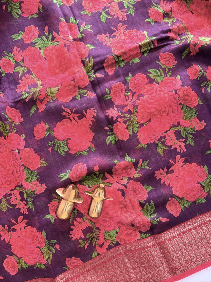 Pure Chanderi Butter Silk - Purple  with Red