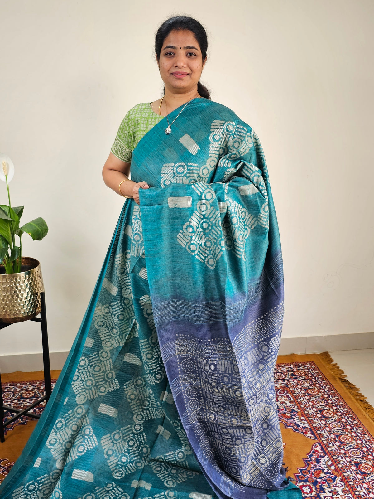 Bhagalpuri with Batik Print - Sea Green with Blue