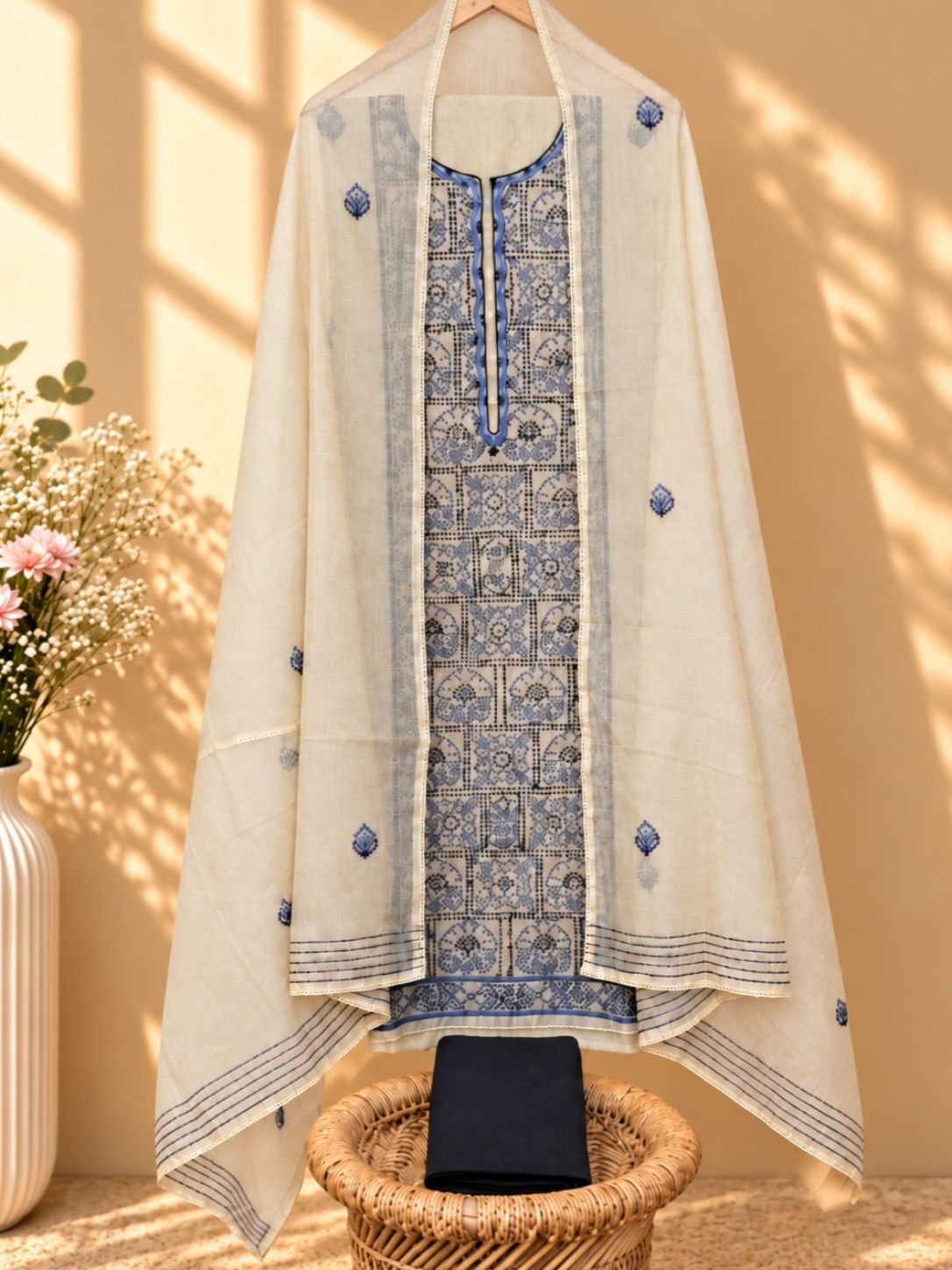 Soft Linen Tissue Unstitched Salwar - Cream with Blue