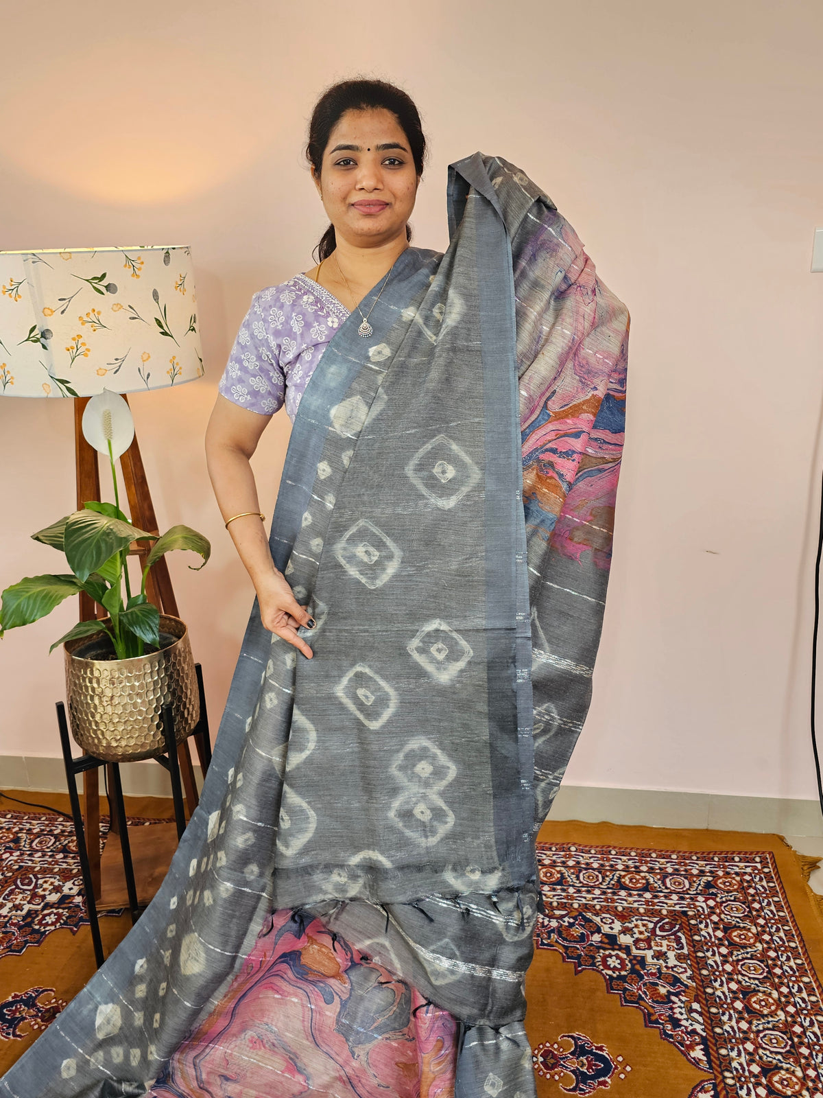 Bhagalpuri with Digital Prints - Pink with Grey
