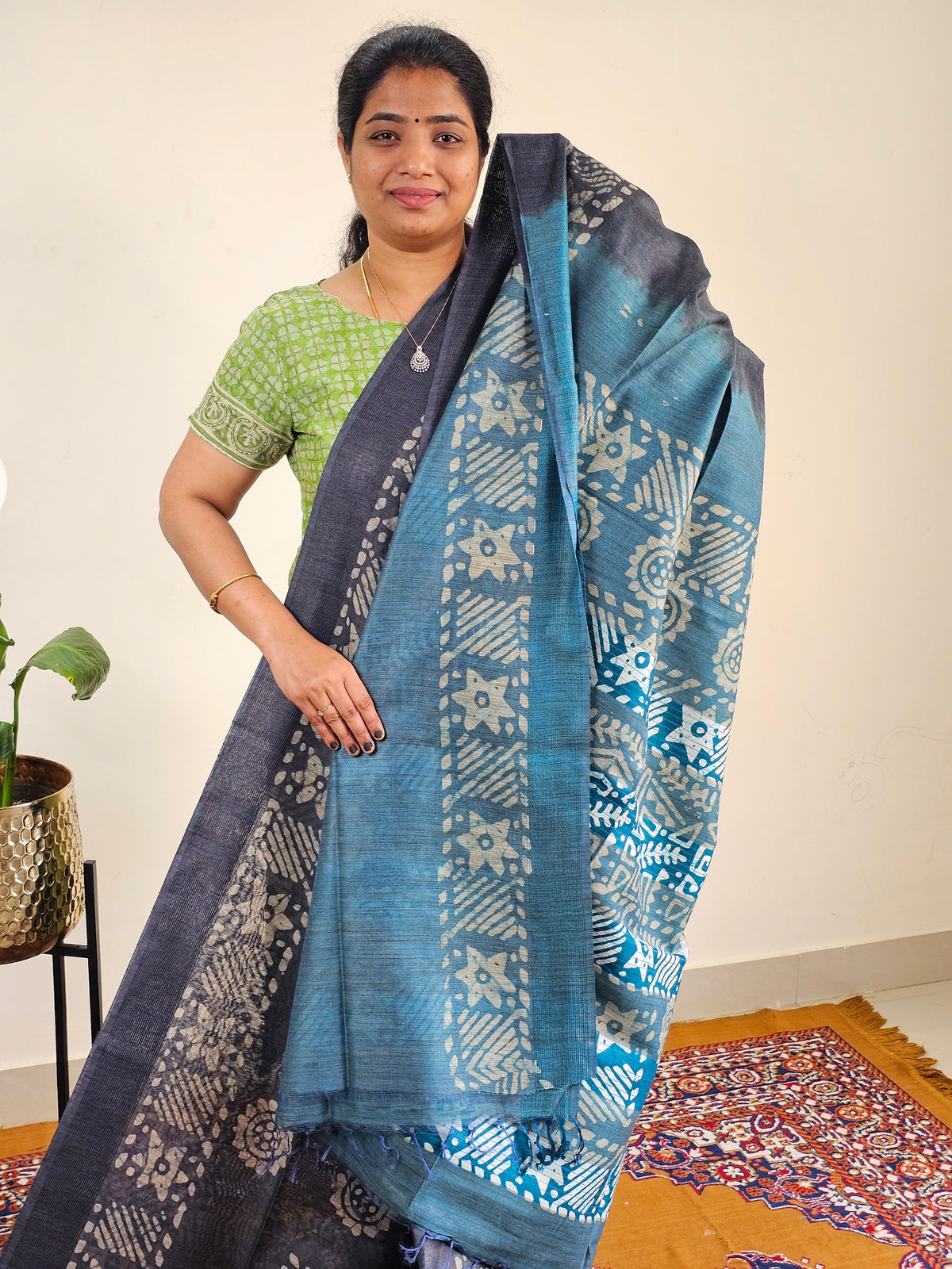 Bhagalpuri with Batik Print - Grey with Sea green