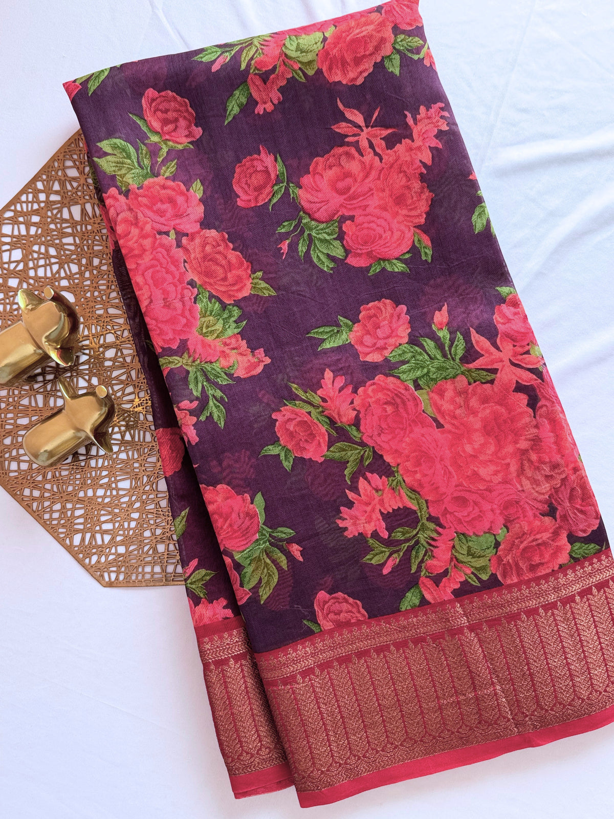 Pure Chanderi Butter Silk - Purple  with Red
