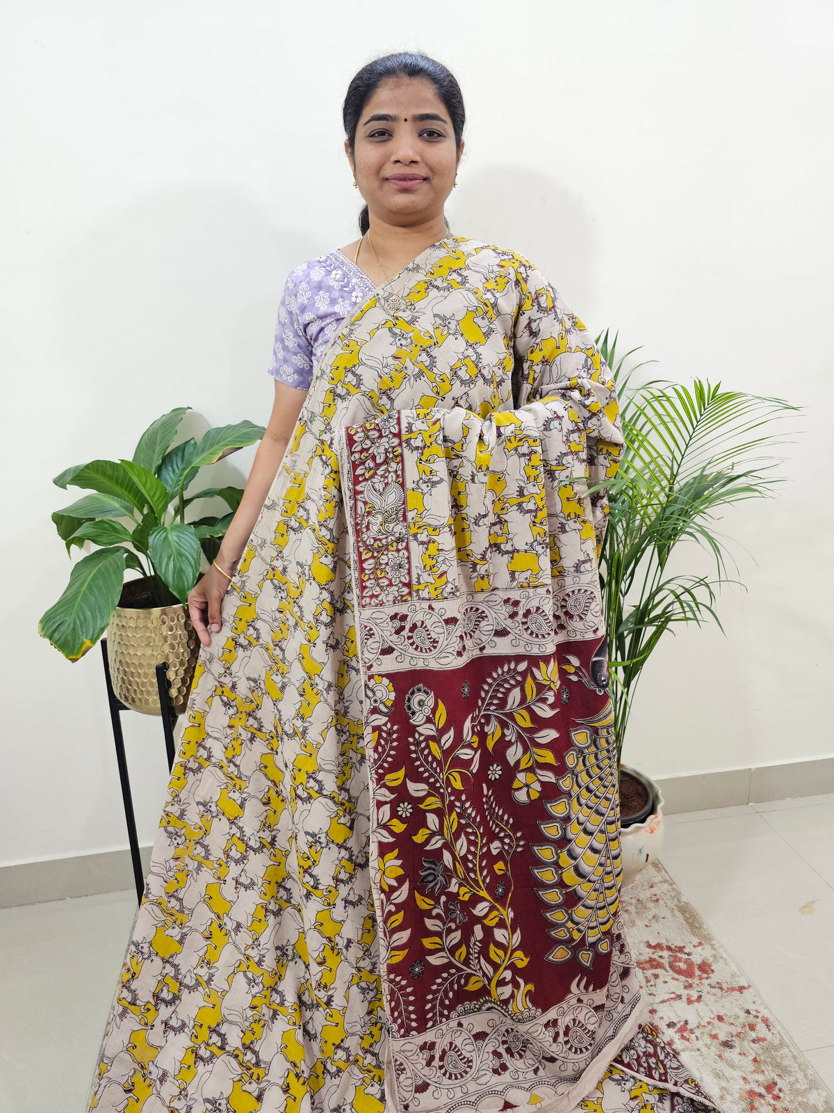 Cotton Kalamkari Saree - Yellow with Marron