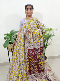 Cotton Kalamkari Saree - Yellow with Marron