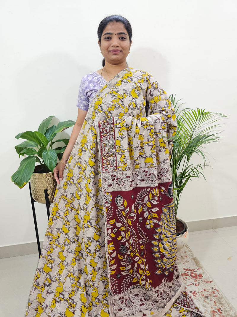 Cotton Kalamkari Saree - Yellow with Marron