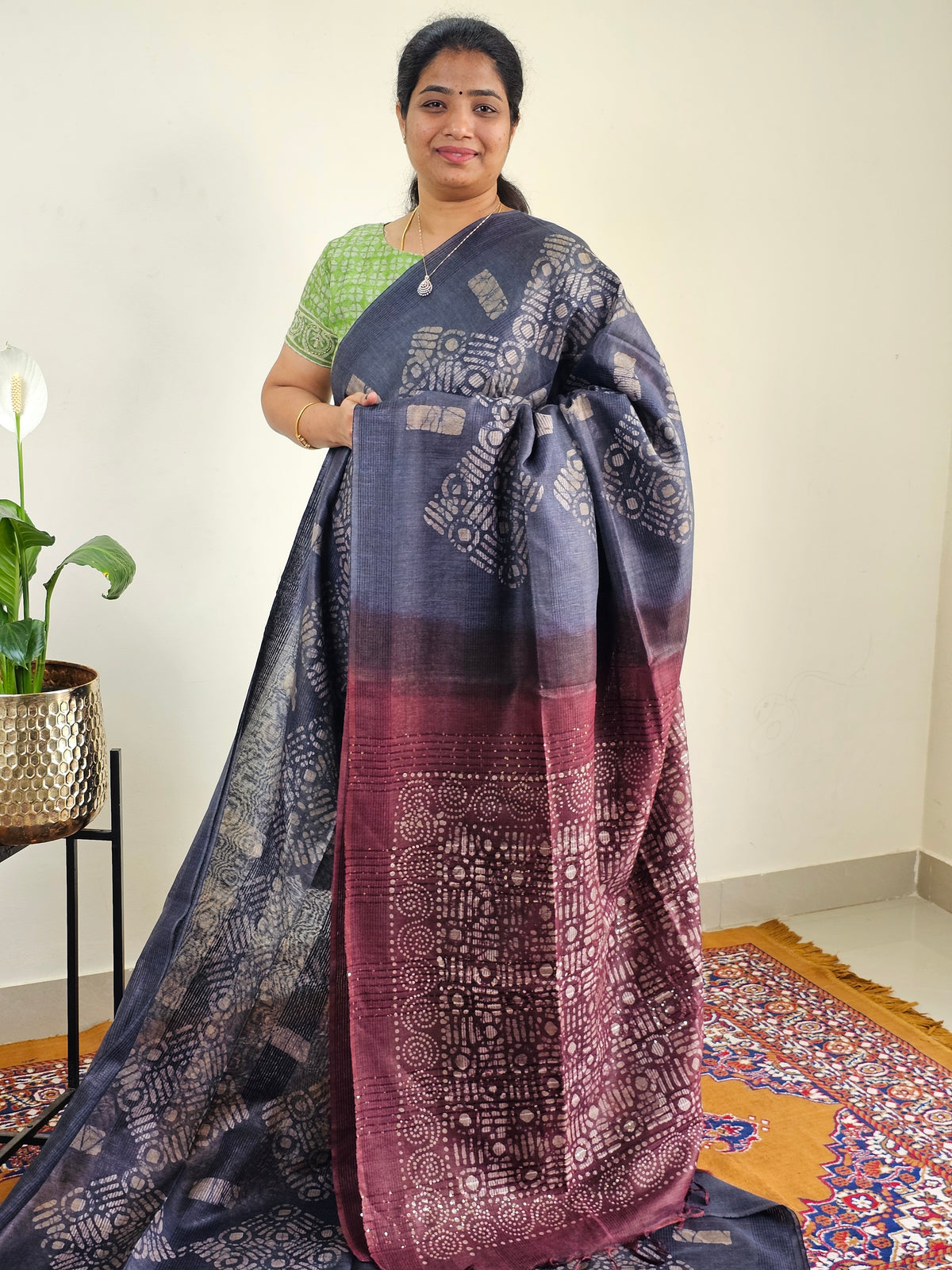 Bhagalpuri with Batik Print - Blue with Maroon