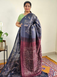Bhagalpuri with Batik Print - Blue with Maroon