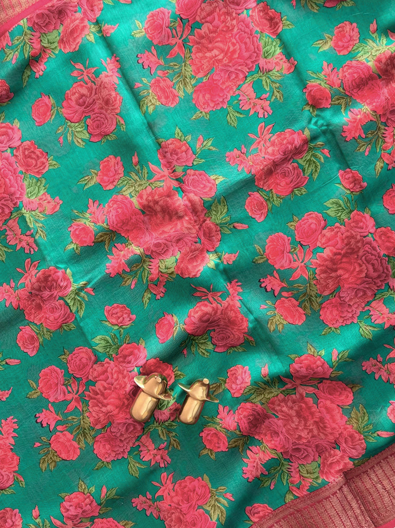 Pure Chanderi Butter Silk - Green with Red
