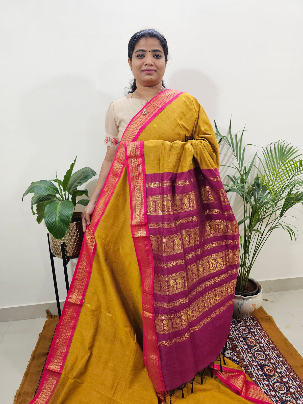 Kalayani Soft Cotton Saree with Borders - Mustard Yellow with Magenta Pink