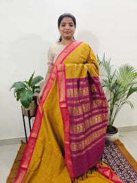 Kalayani Soft Cotton Saree with Borders - Mustard Yellow with Magenta Pink