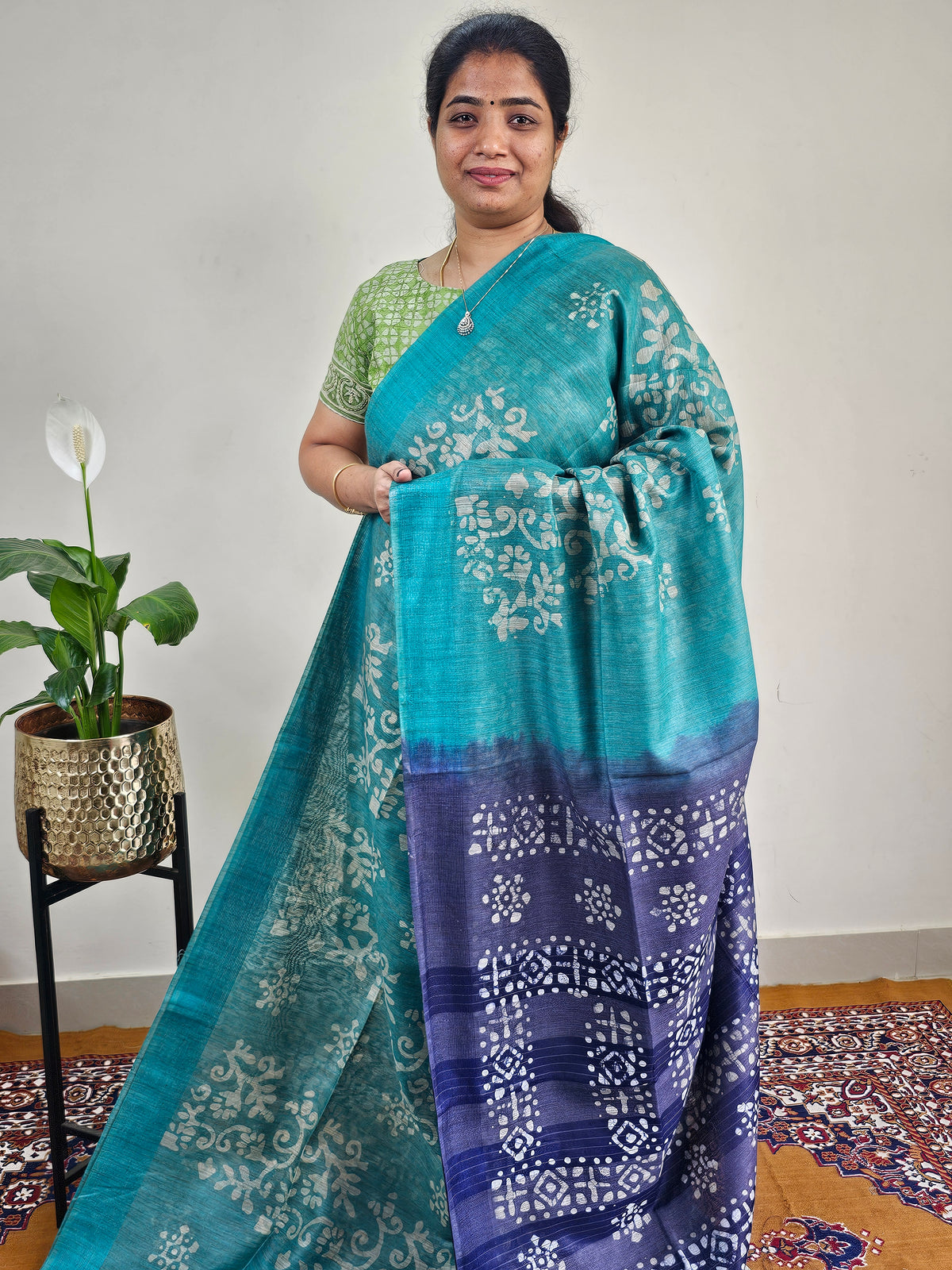 Bhagalpuri with Batik Print - Sea Green with Blue