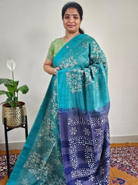 Bhagalpuri with Batik Print - Sea Green with Blue