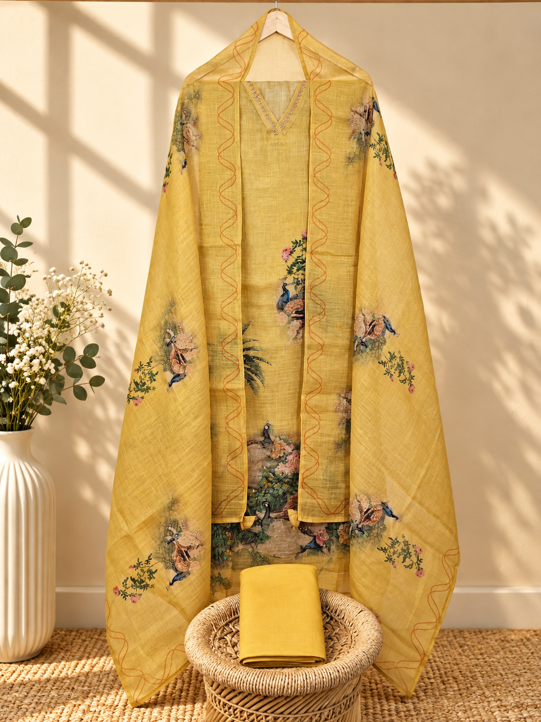 Soft Linen Tissue Unstitched Salwar - Yellow