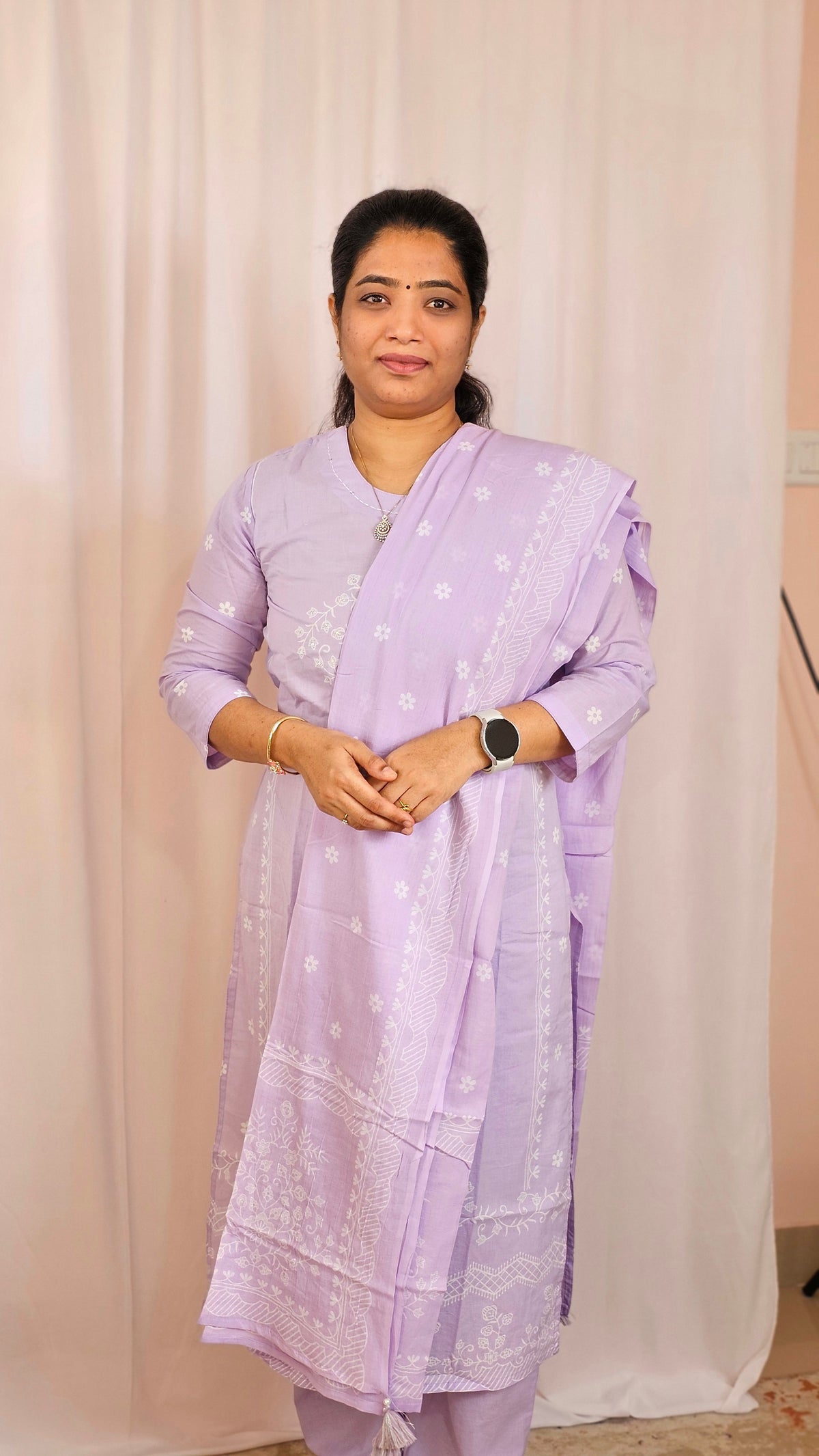 Premium 3 Pcs Mul Cotton Aline kurti with bottom and Dupatta - Lilac