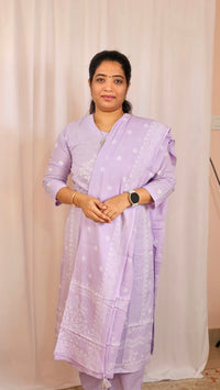 Premium 3 Pcs Mul Cotton Aline kurti with bottom and Dupatta - Lilac